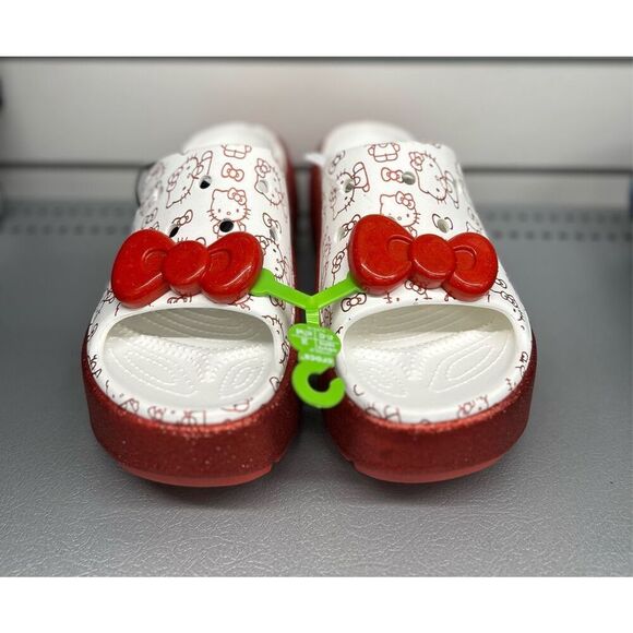 Crocs Women’s Hello Kitty Stomp Slides White Red Shiny Soles Platforms Sz 10 US - Picture 6 of 7
